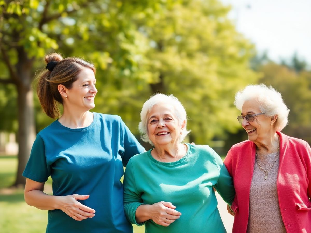 Caregivers walking with elderly clients