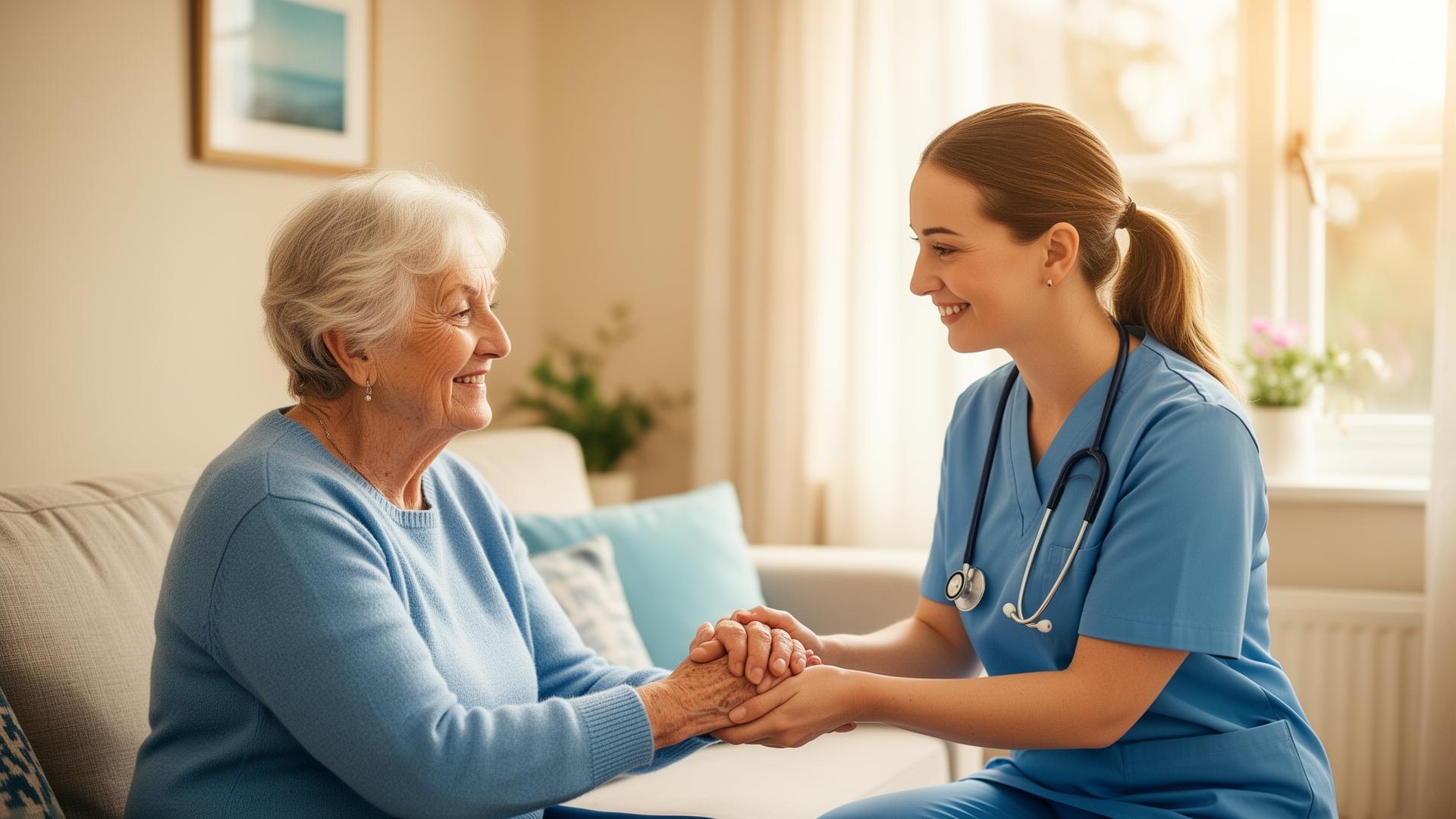 Caregiver and elderly client smiling together at home